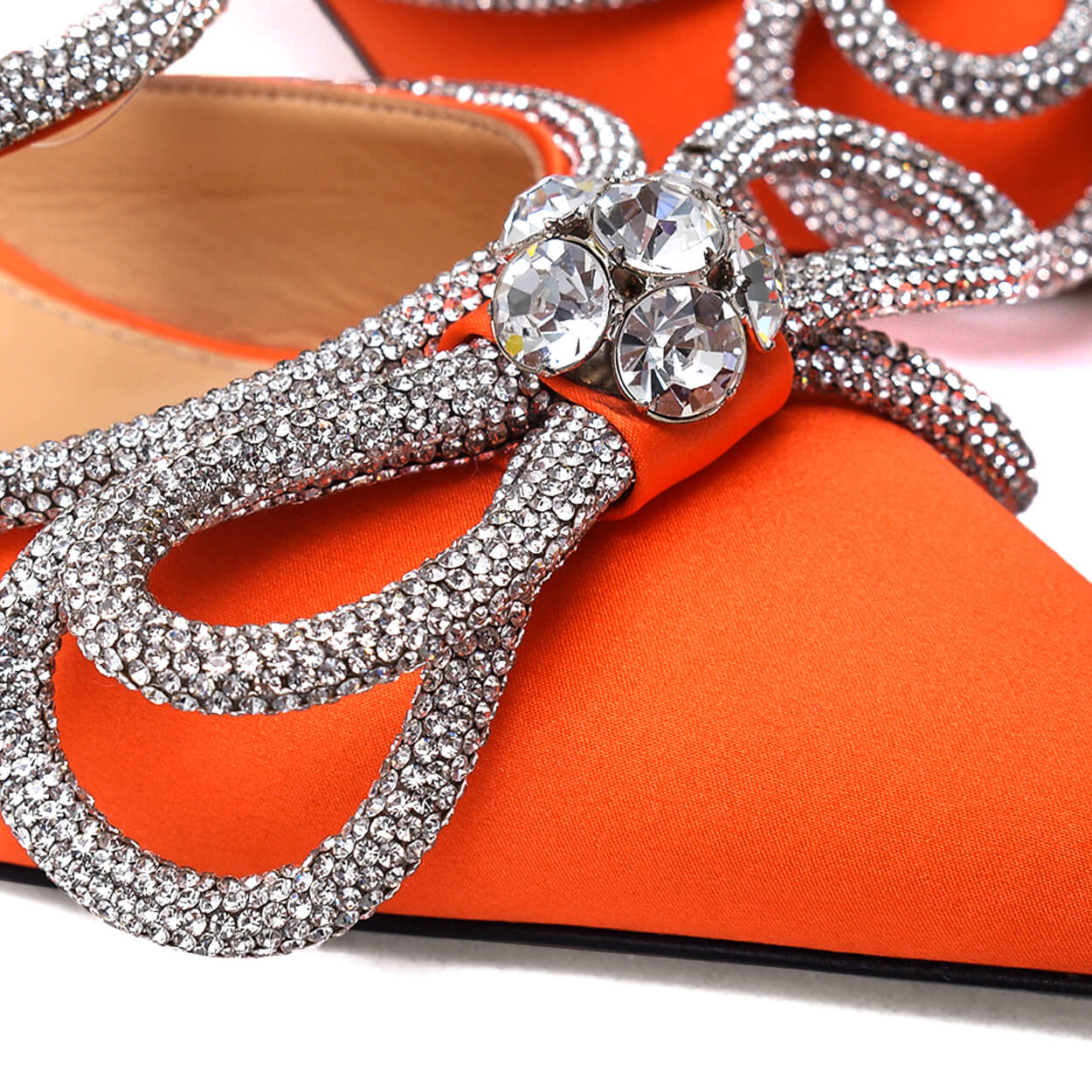 Mach & Mach - Orange Satin Crystal Embellished Double Bow Mules